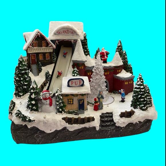 Gerson Alpine Village Christmas Castle Musical Revolving Tree Skiers Lighted - Picture 7 of 11